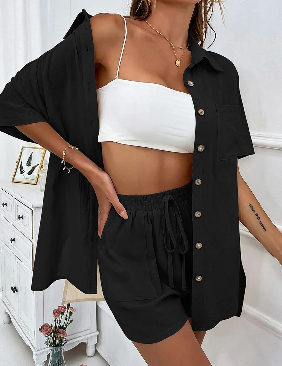 APAFES Women Summer Cotton Linen Short Sets 2 Piece Shorts Top Lounge Beach Vacation Two Piece Outfits Tracksuits