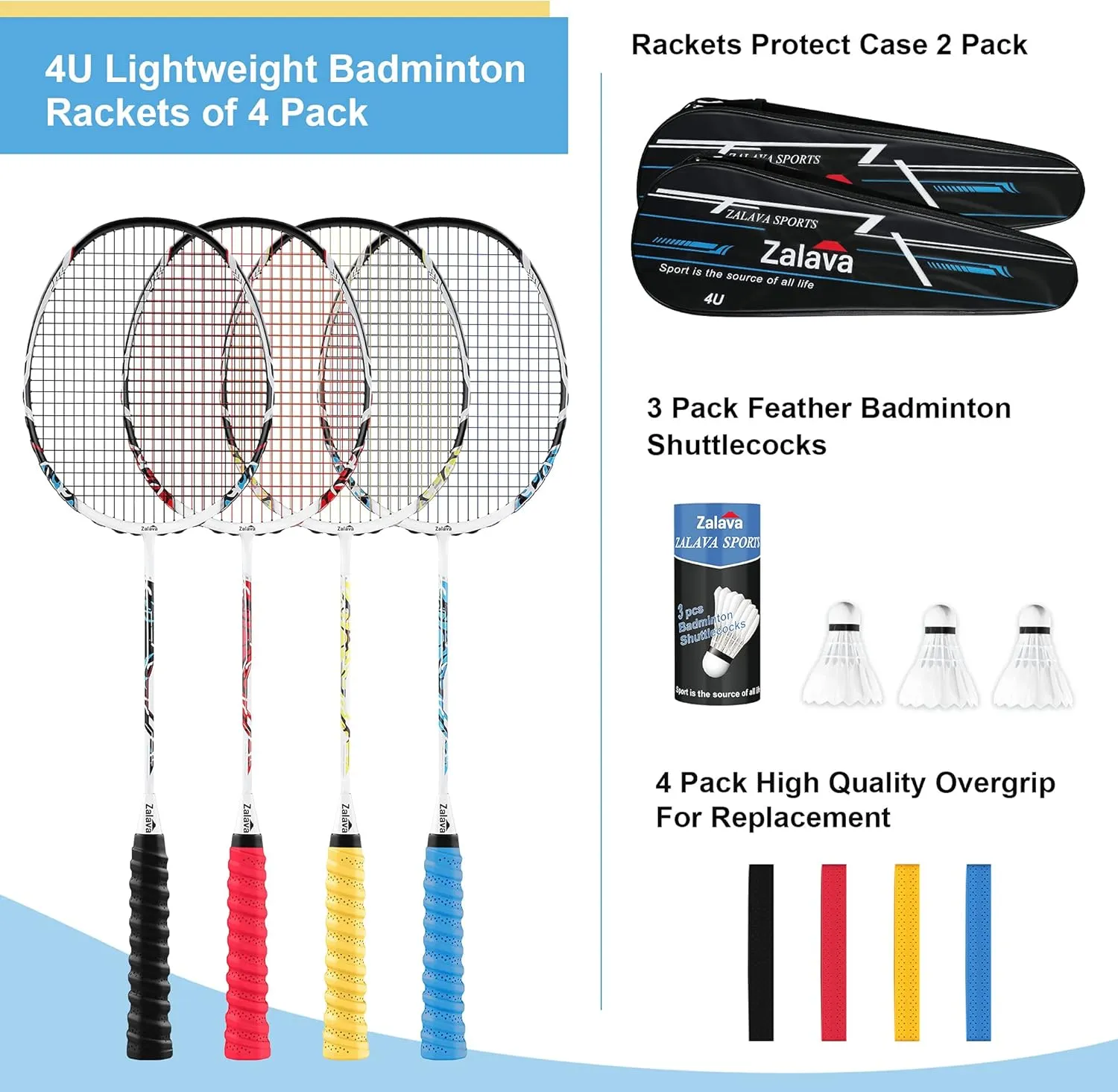 Badminton Racquets Set Professional Badminton Rackets Lightweight,4 Pack/2 Pack Carbon Fiber, 3 Feather Shuttlecocks, with Protect Case & Overgrip,for Beginners,Advanced Players