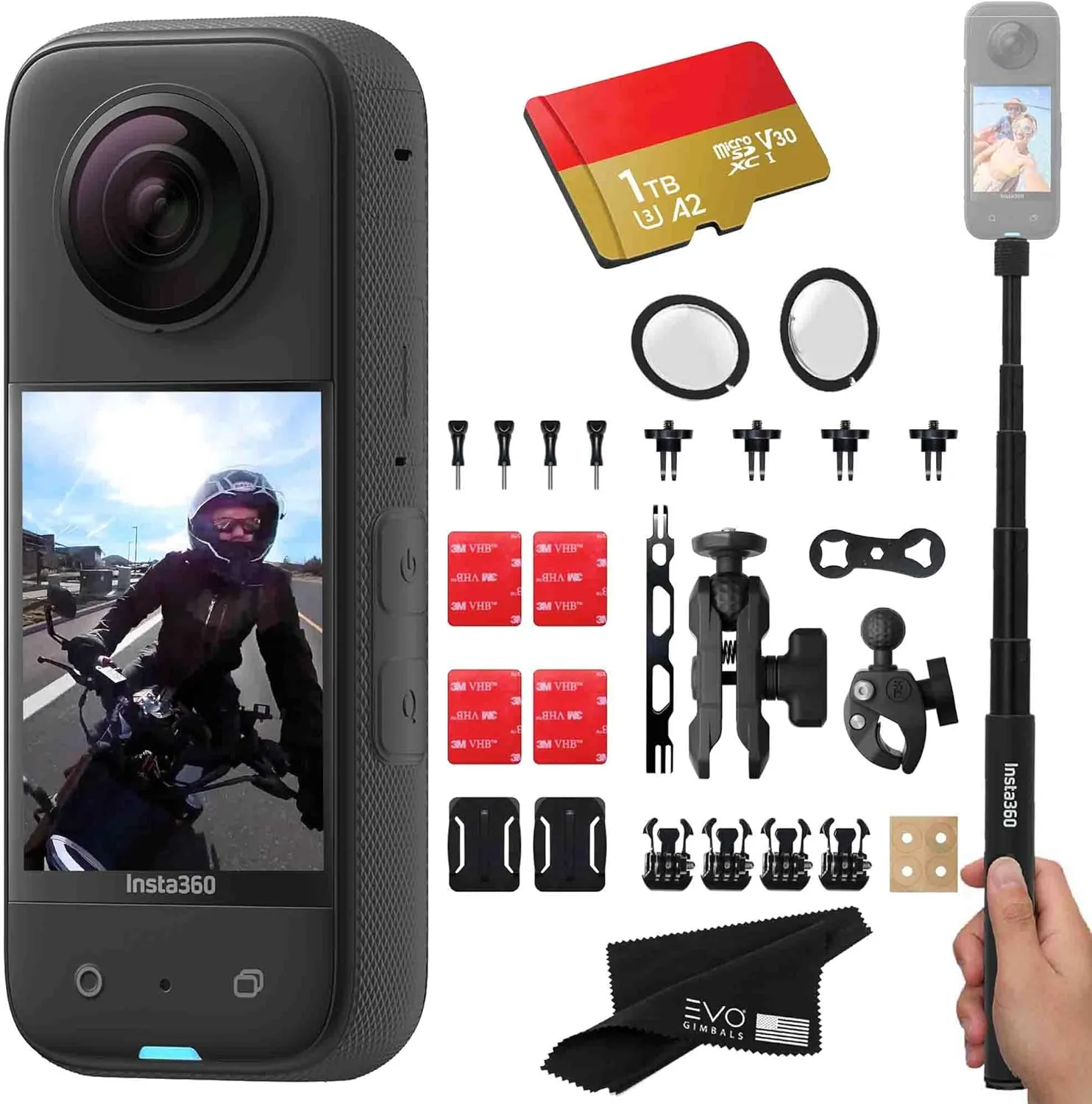 Insta360 X3 Motorcycle Bundle- Waterproof 360 Action Camera with 1/2" 48MP Sensors, 5.7K 360 HDR Video, 72MP 360 Photo, 2.29" Touchscreen|Includes Motorcycle Bundle, Selfie Stick, Lens Guard&1TB