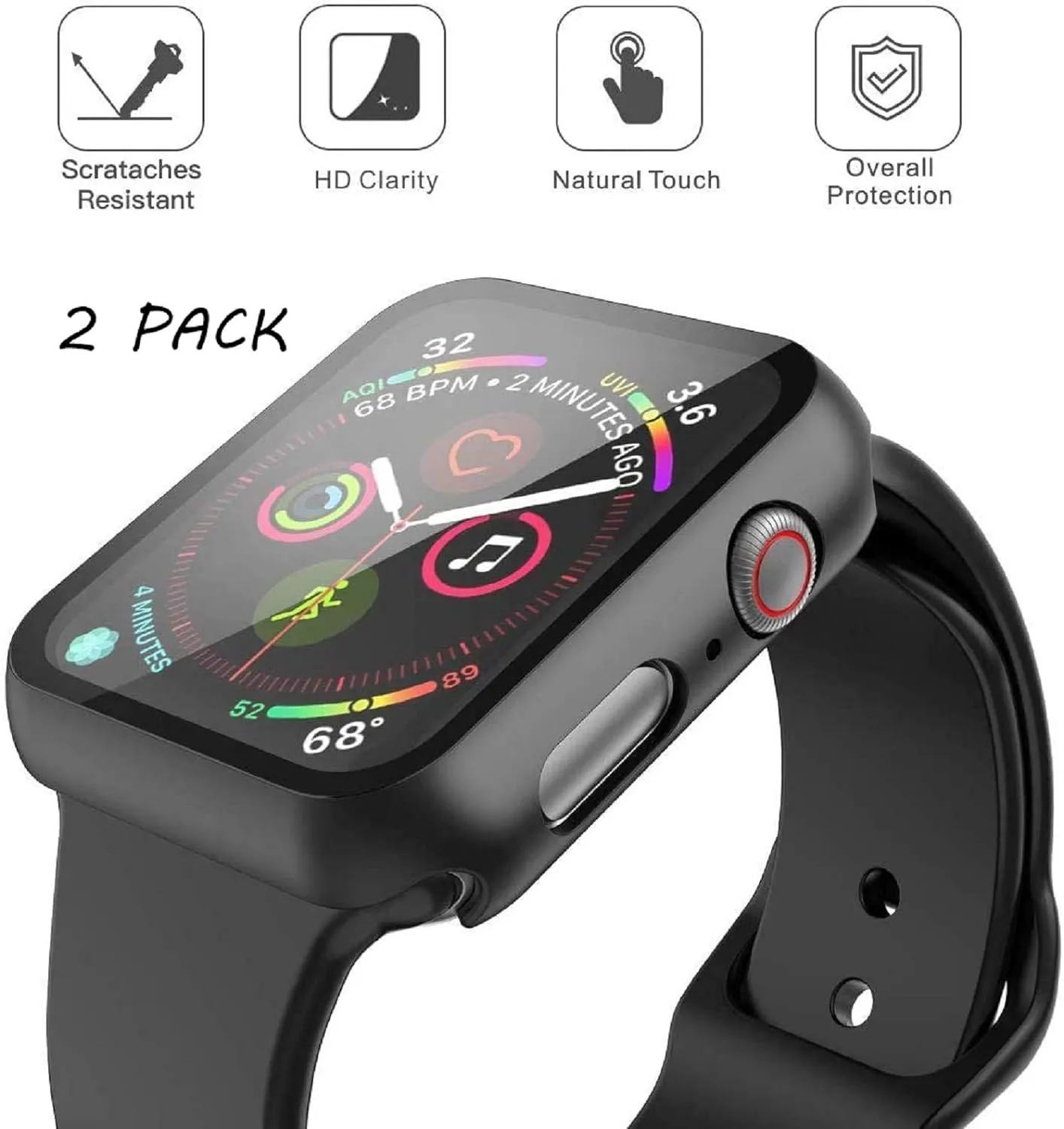Misxi 2 Pack Hard PC Case with Tempered Glass Screen Protector Compatible with Apple Watch SE 2 (2024) SE Series 6 Series 5 Series 4 44mm, Black