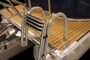 RecPro Marine 4 Step Heavy Duty OEM Grade Rear Entry Pontoon Boat Ladder W/HANDRAILS 316 Stainless Steel TELESCOPING Dock Ladder W/Blue LED Step Lights and HANDRAILS SSL-UFSL-LB