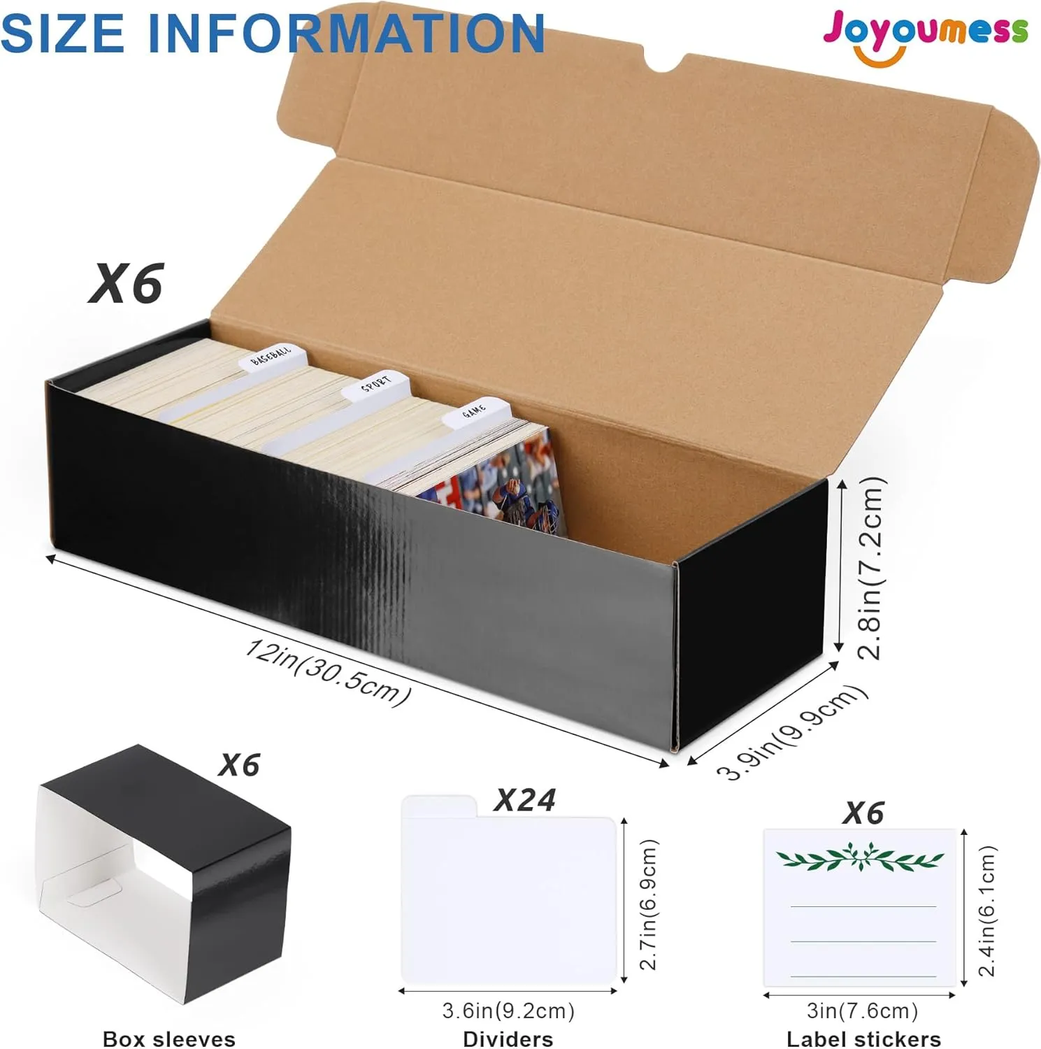 Trading Card Storage Box with Dividers, Cardboard Card Organizer Box for Baseball, Sports, Game, Playing Card Collection, pack of 6, Black