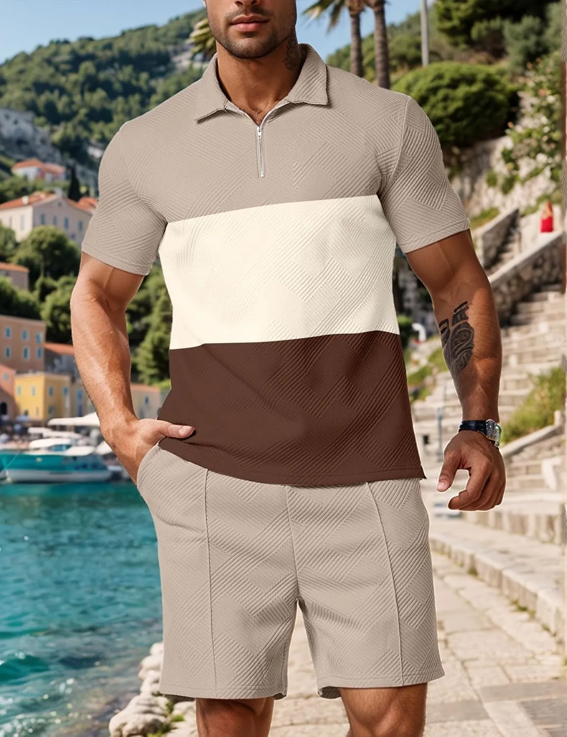 UOUA Mens Summer Track Suits 2 Piece Shorts Sets Short Sleeve Sweatsuit Outfits 1/4 Zip Golf Polo Splicing Striped Shirts