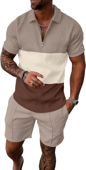 UOUA Mens Summer Track Suits 2 Piece Shorts Sets Short Sleeve Sweatsuit Outfits 1/4 Zip Golf Polo Splicing Striped Shirts