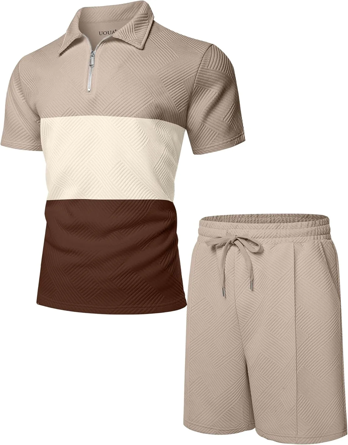 UOUA Mens Summer Track Suits 2 Piece Shorts Sets Short Sleeve Sweatsuit Outfits 1/4 Zip Golf Polo Splicing Striped Shirts