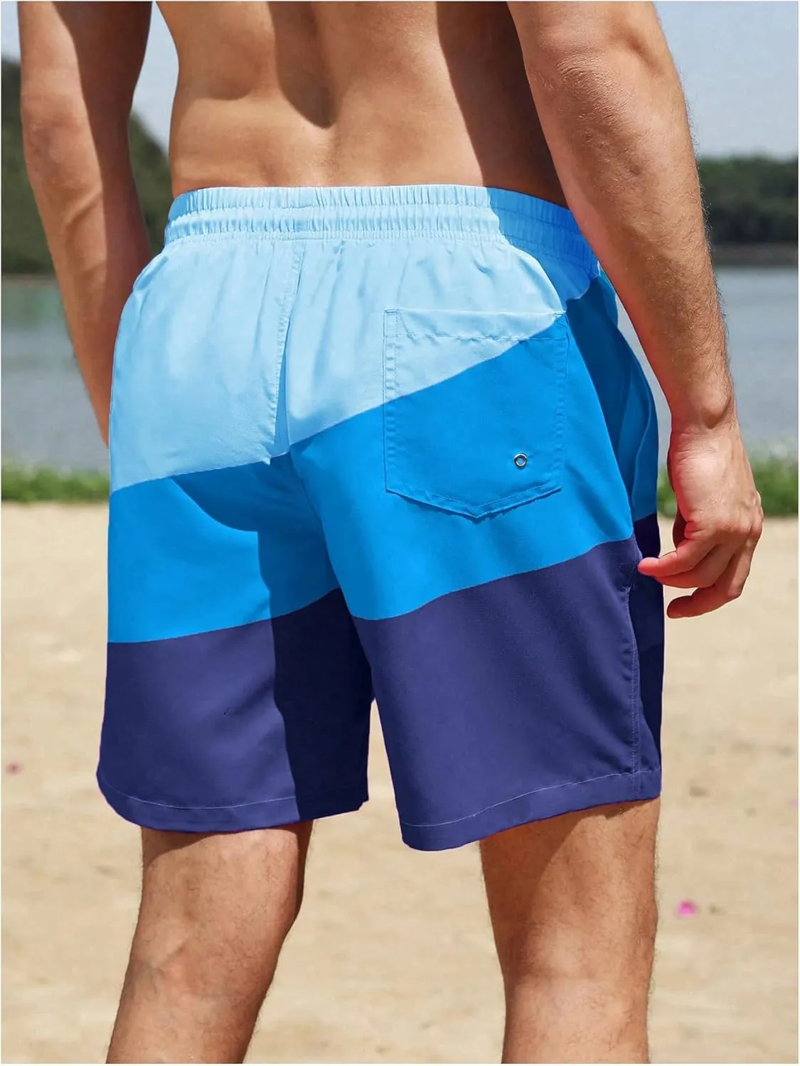 WDIRARA Men's Color Block Beach Shorts Summer Swim Shorts with Drawstring and Pockets