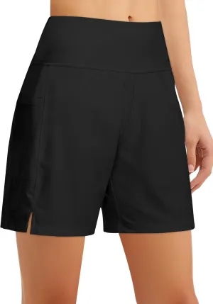 Women's 4" High-Waisted Swim Board Shorts with Liner and Pockets  Quick-Dry Beach & Swimming Shorts