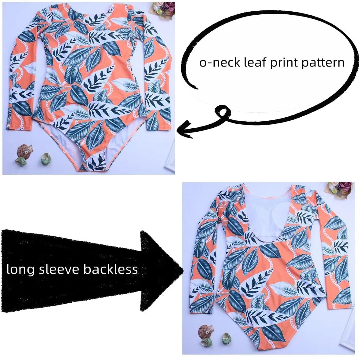 Women's Long Sleeve Bathing Suit One Piece Swimsuit Floral Print Backless Swimwear
