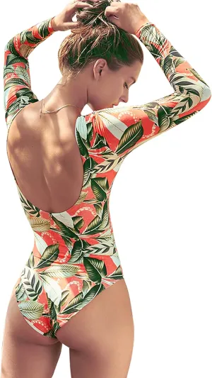Women's Long Sleeve Bathing Suit One Piece Swimsuit Floral Print Backless Swimwear