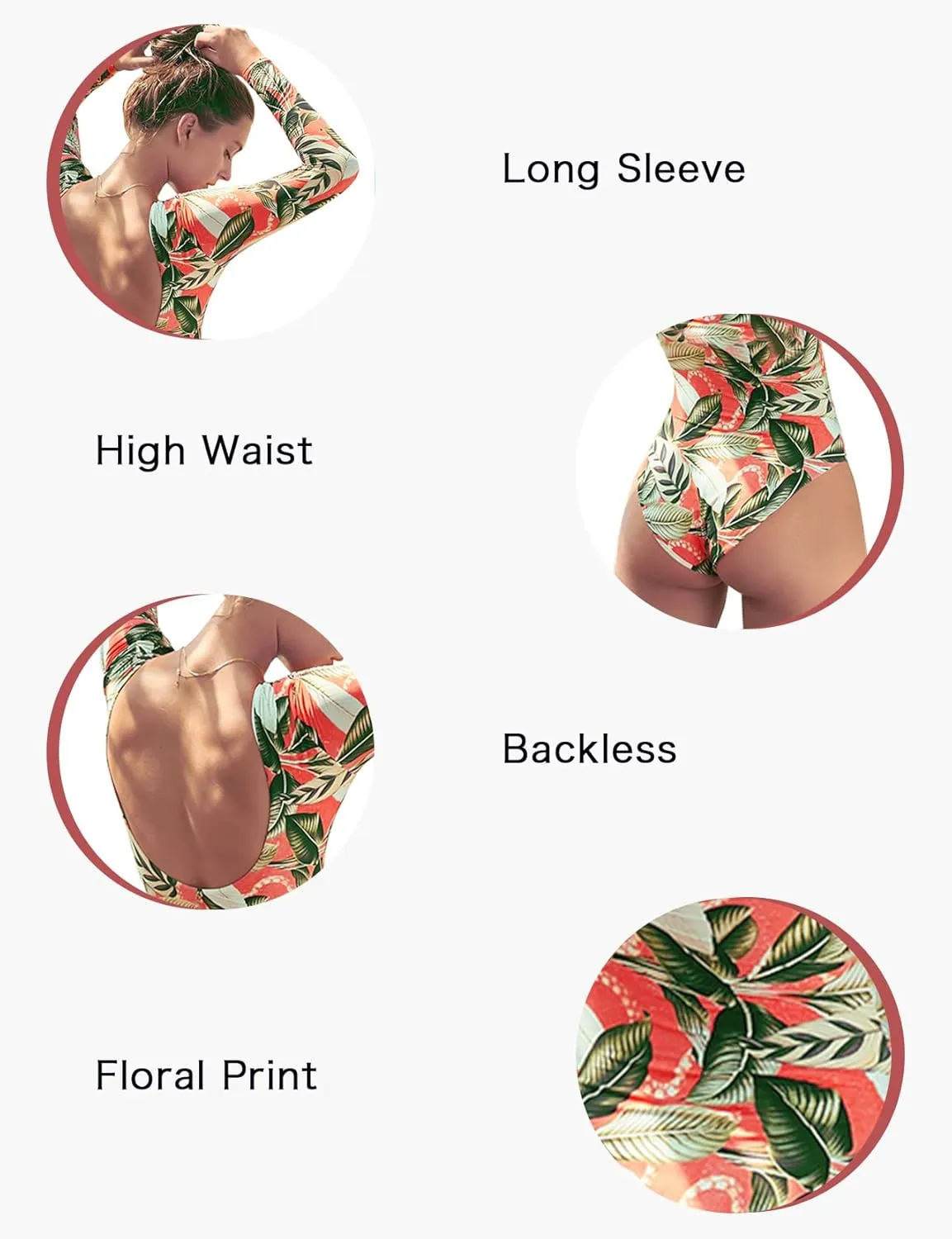Women's Long Sleeve Bathing Suit One Piece Swimsuit Floral Print Backless Swimwear